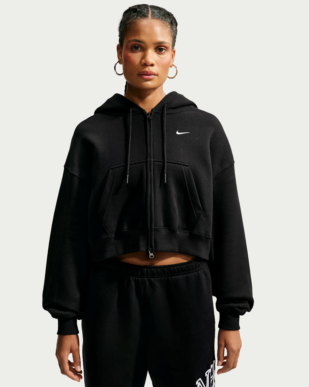 Nike Studio Fleece Medium Weight Women's Oversized Full-Zip Cropped Hoodie - Total Black/Sail