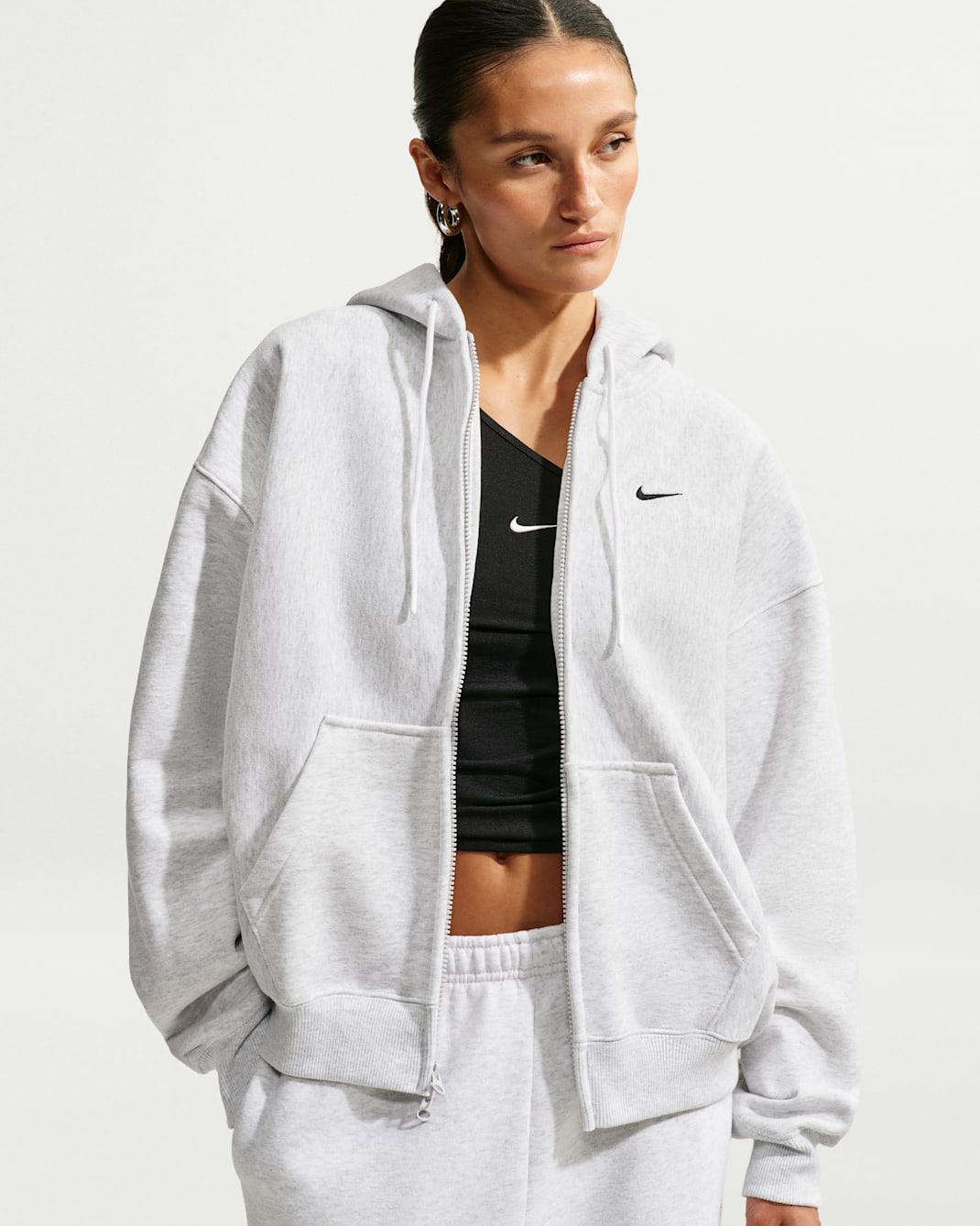 Sweat oversize à capuche et zip Nike Studio Fleece Heavyweight pour femme - Birch Heather/Noir