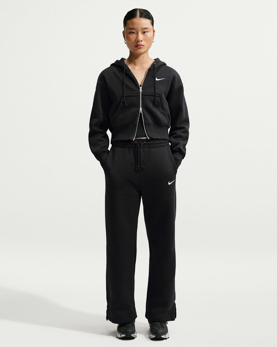 กางเกงขายาวทรงขากว้างเอวสูงผู้หญิง Nike Sportswear Phoenix Fleece - ดำ/Sail