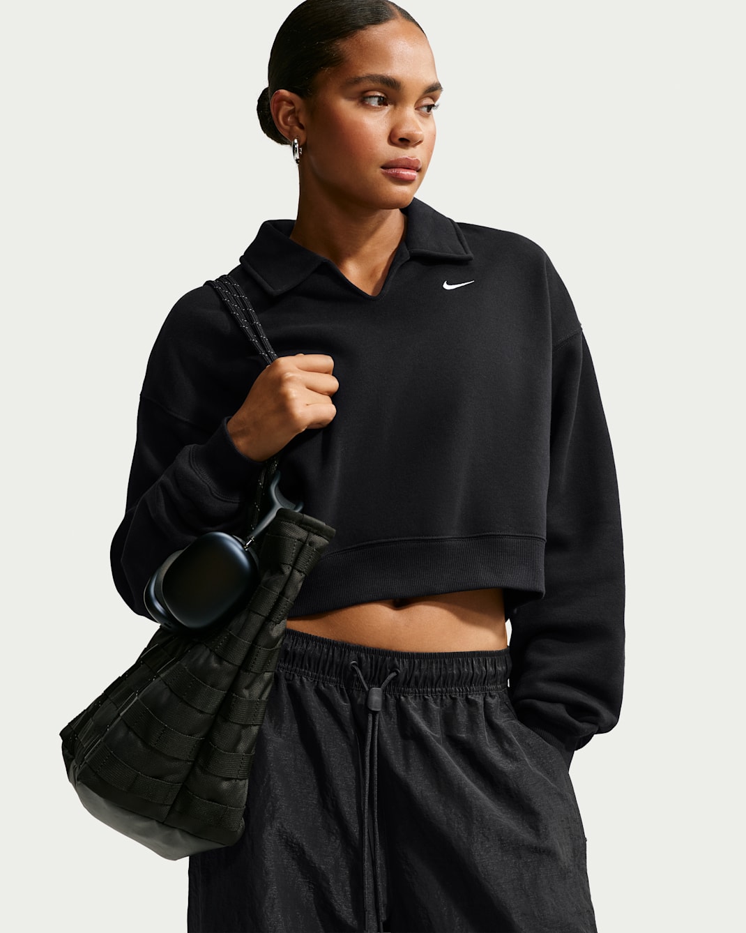 Nike Studio Fleece Medium Weight Women's Oversized Cropped Polo - Total Black/Sail