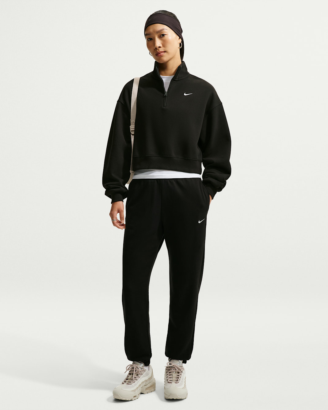Nike Studio Fleece Lightweight Women's Mid-Rise Cuffed Trousers - Total Black/Sail