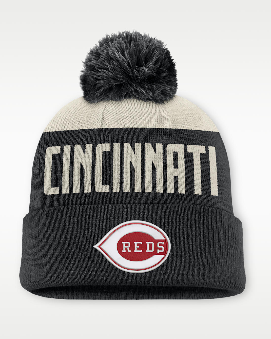 Gorro con dobladillo y pompón Nike de la MLB para hombre Cincinnati Reds Cooperstown Peak - Blanco/Negro