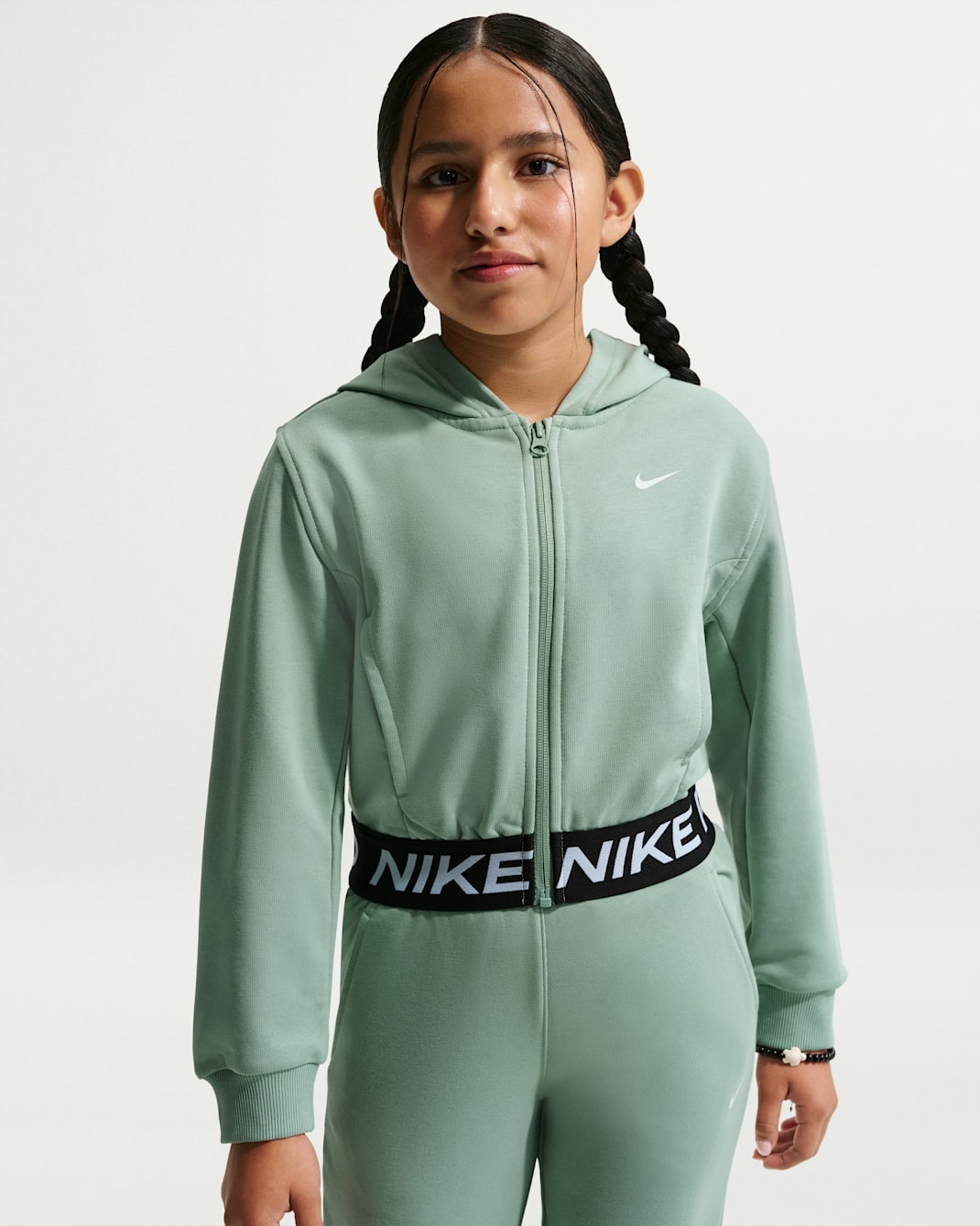 Nike Pro Fleece Big Kids' (Girls') Dri-FIT Full-Zip Hoodie - Steam/Steam/Black/White