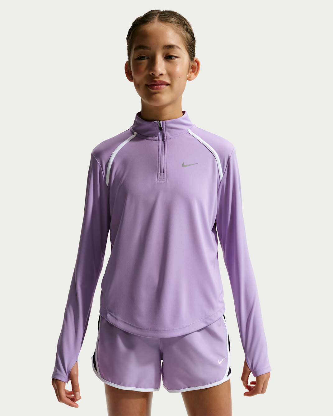 Haut à manches longues et demi-zip Dri-FIT Nike Tempo pour pré-ado (fille) - Violet Star/Blanc