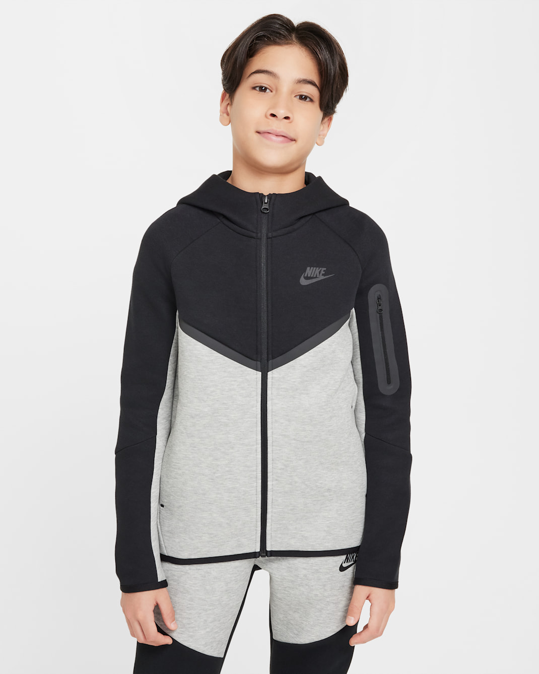 Felpa con cappuccio e zip a tutta lunghezza Nike Sportswear Tech Fleece - Ragazzo/a - Dark Grey Heather/Nero/Nero/Nero
