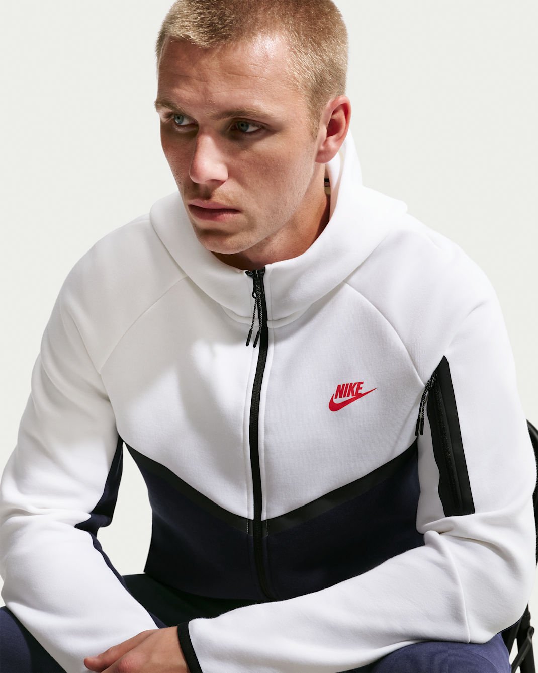 Nike Tech Windrunner herenjack van fleece met rits over de hele lengte - Wit/Obsidian/Speed Red