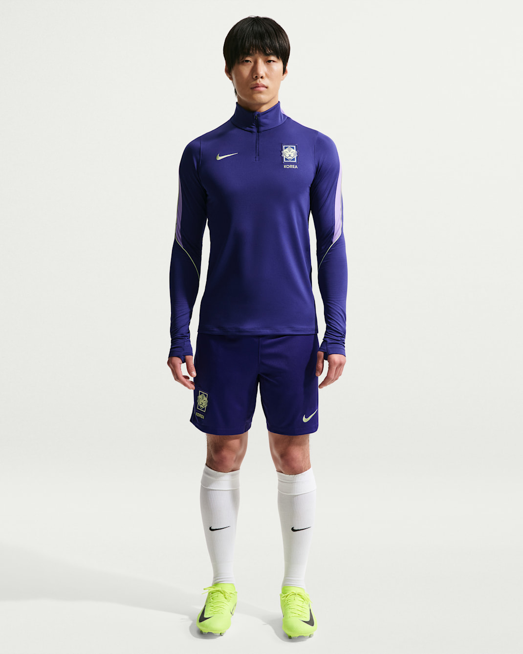 대한민국 스트라이크 남성 나이키 드라이 핏 축구 니트 쇼츠 - 리전시 퍼플/스페이스 퍼플/라이트 리퀴드 라임