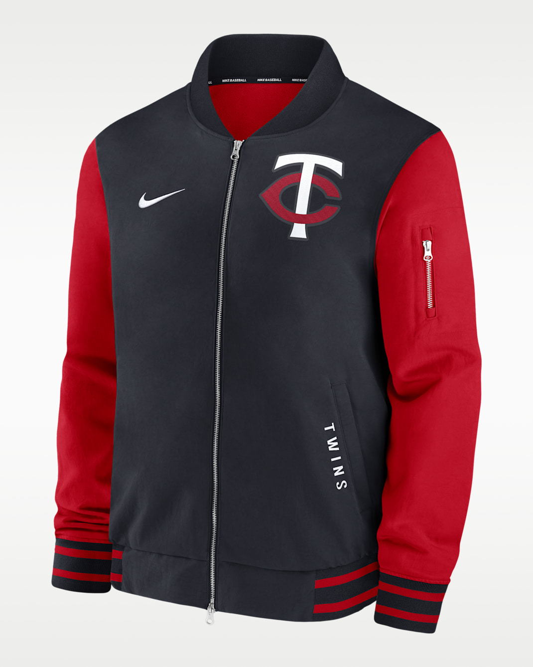 Chamarra bomber Nike de la MLB de cierre completo para hombre Minnesota Twins Authentic Collection Dugout - Azul campo de juego
