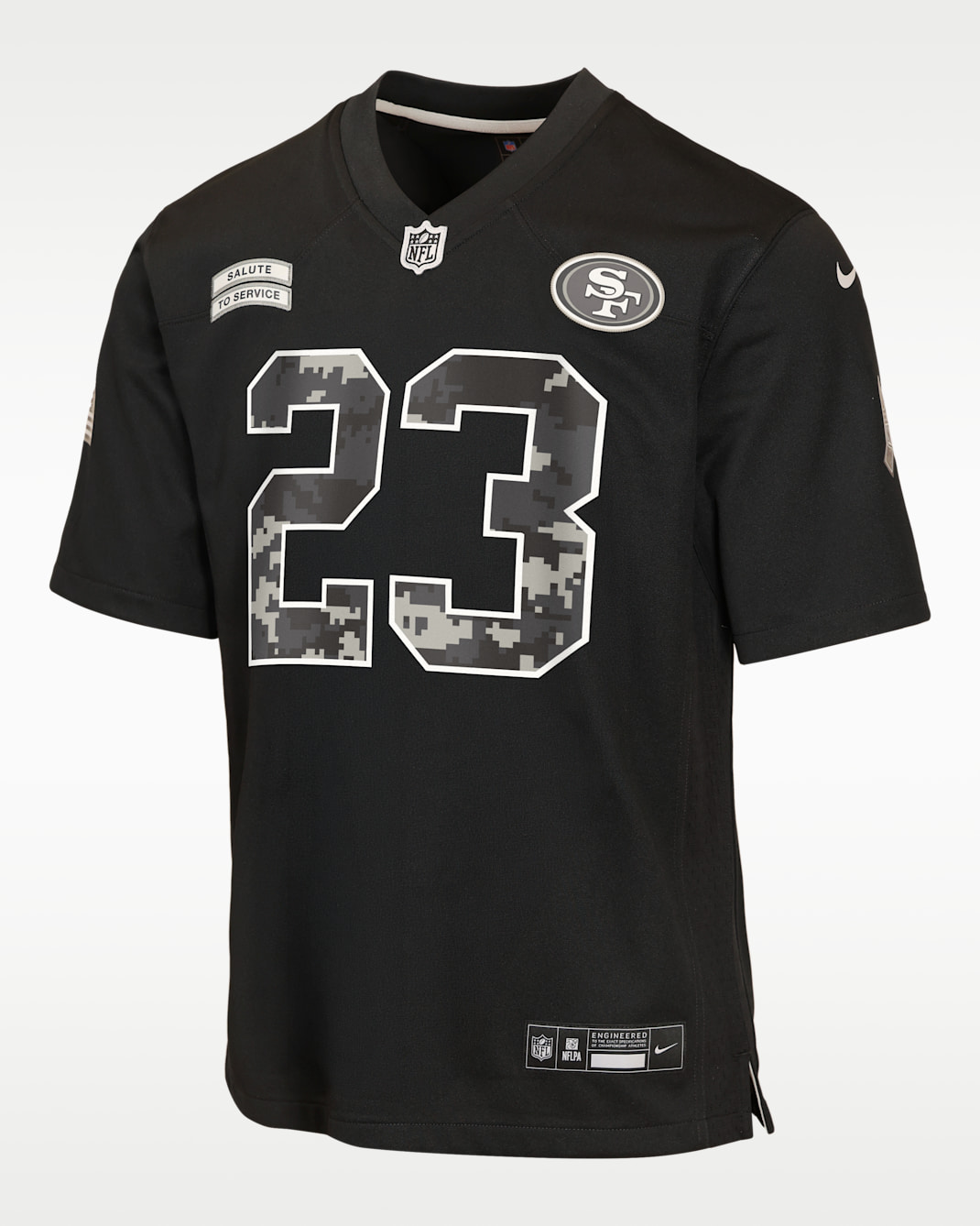 Jersey Nike de la NFL Game para niños talla grande Christian McCaffrey San Francisco 49ers Salute to Service - Negro