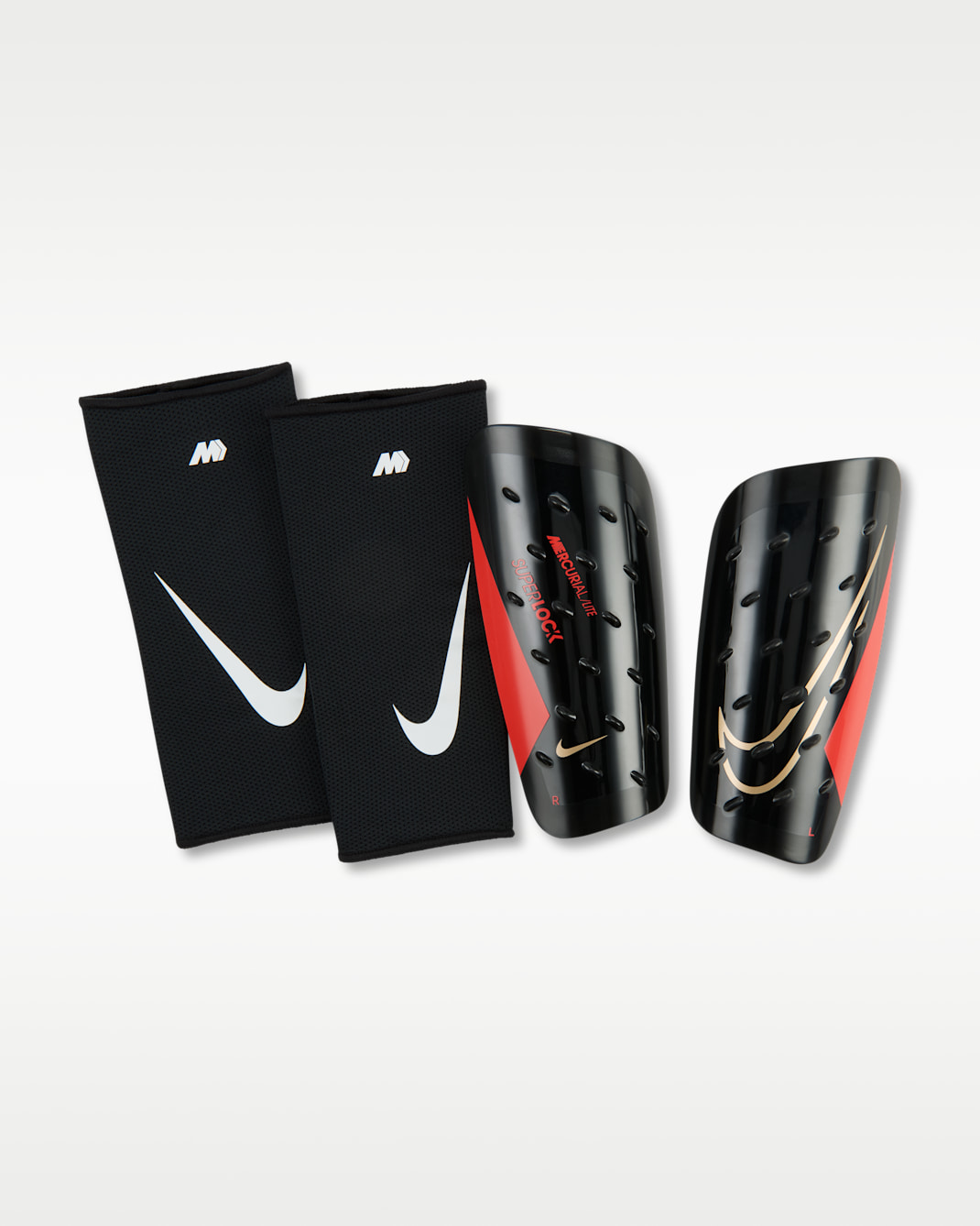 Fotbalové chrániče holení Nike Mercurial Lite SuperLock - Černá/Bright Crimson/Blur