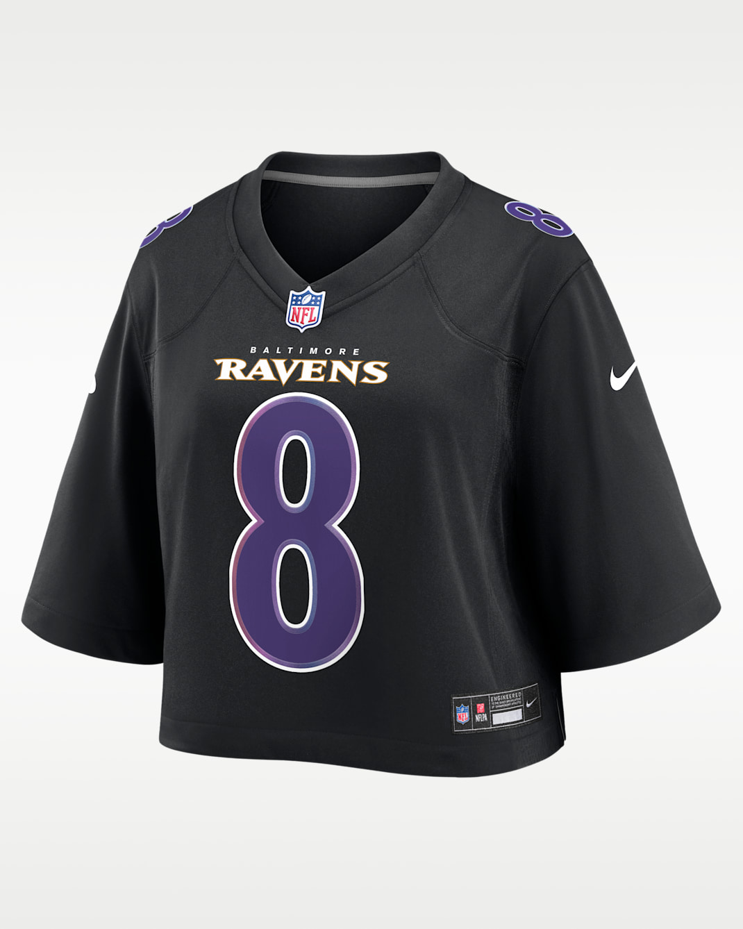 Jersey Nike de la NFL Game cropped Tundra para mujer Lamar Jackson Baltimore Ravens - Negro