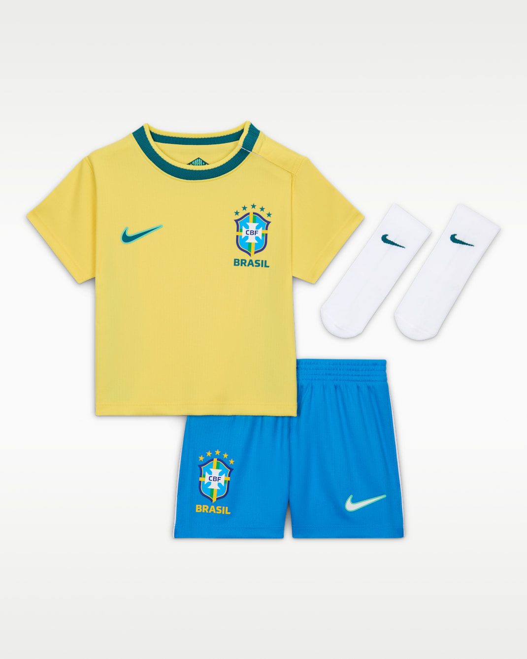 Replika domácí fotbalové trojdílné soupravy Brazílie Stadium 2026 Nike Football pro kojence a batolata - Canary/Light Menta/Light Photo Blue/Geode Teal