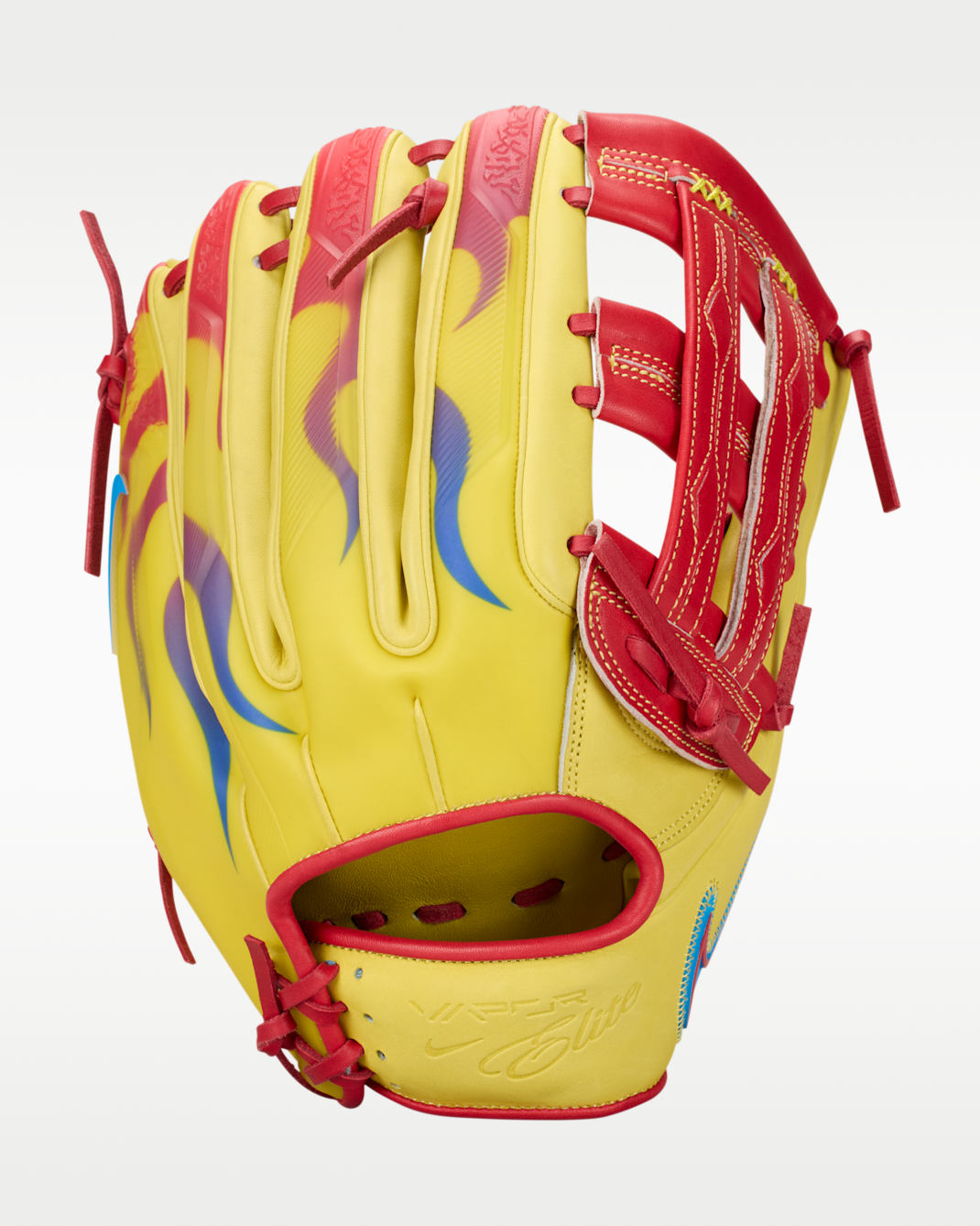 Nike Vapor Elite “Ronald Acuña Jr.” Guante de campo de béisbol de red H (lanzamiento con la mano derecha) - Amarillo opti/Carmesí brillante/Azul foto/Carmesí brillante