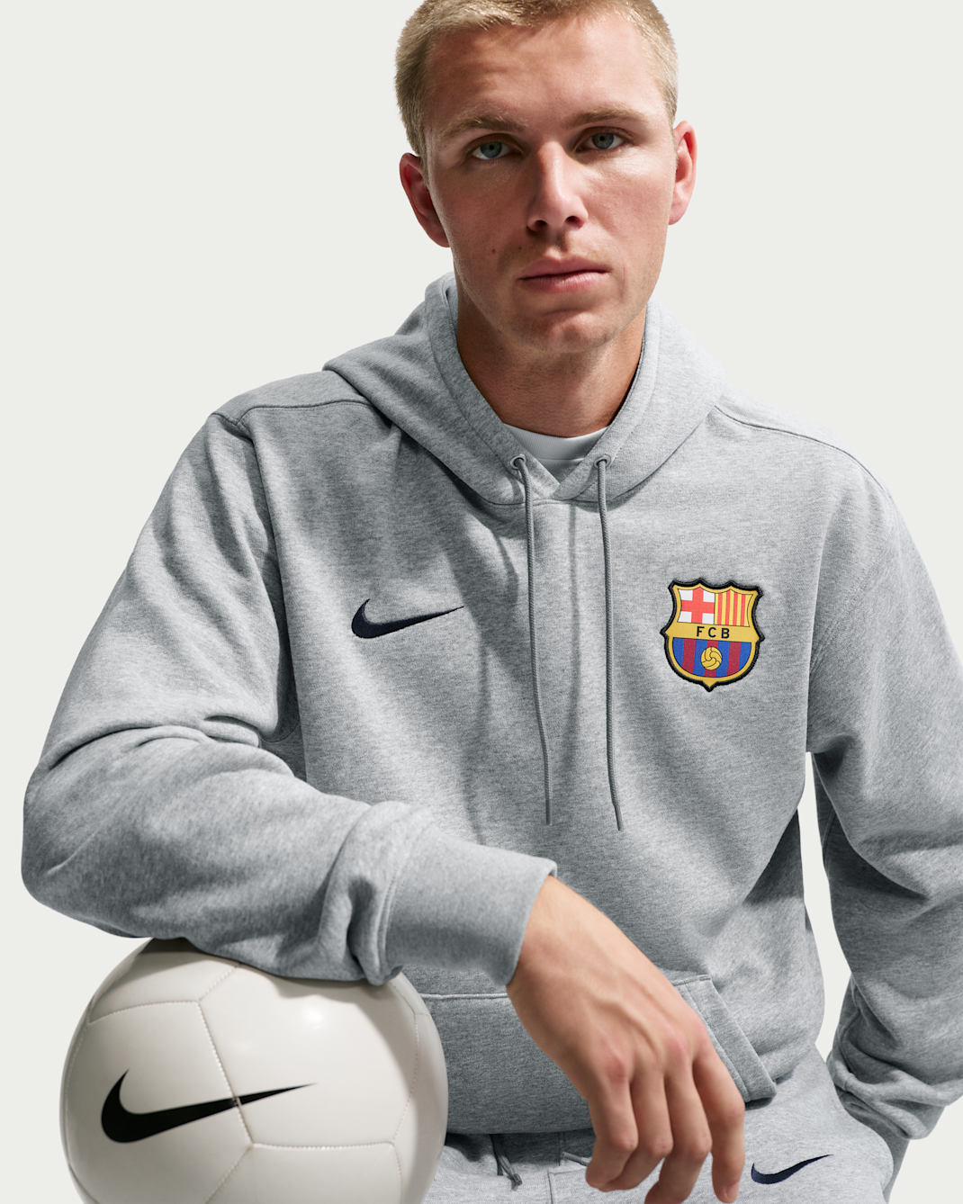 FC Barcelona Club Men's Nike Soccer French Terry Pullover Hoodie - Dark Grey Heather/Blackened Blue