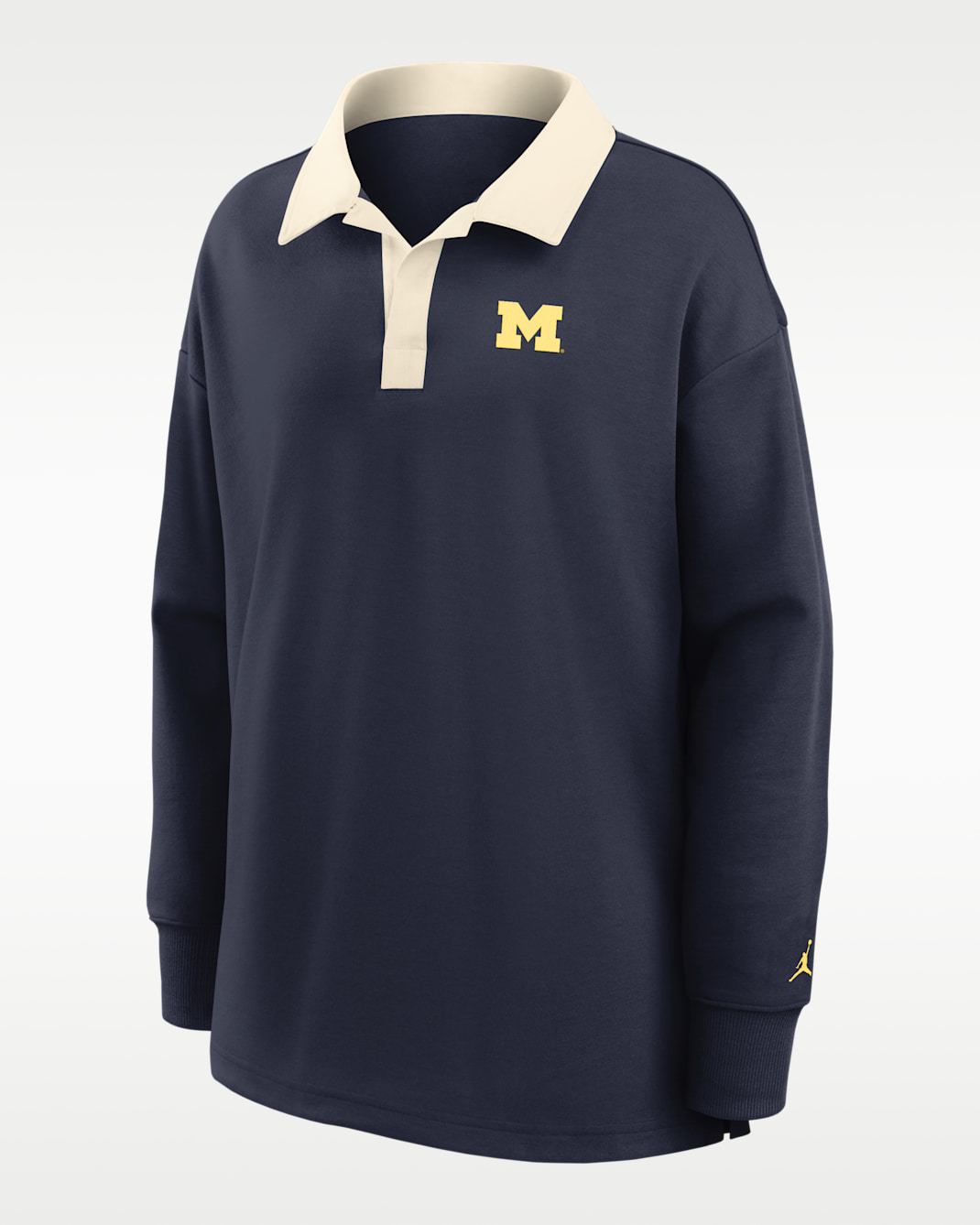 Polo de manga larga marca Jordan Dri-FIT oversized para mujer Michigan Academic - Azul marino/Natural