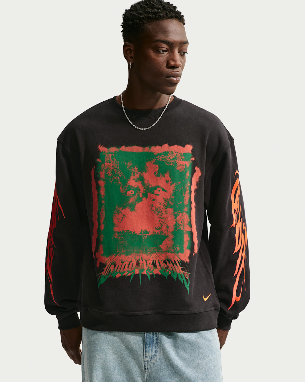 Sweat à col ras-du-cou en tissu Fleece Nike "Your Message Here" pour homme - Noir/Bright Crimson/Blanc/Safety Orange