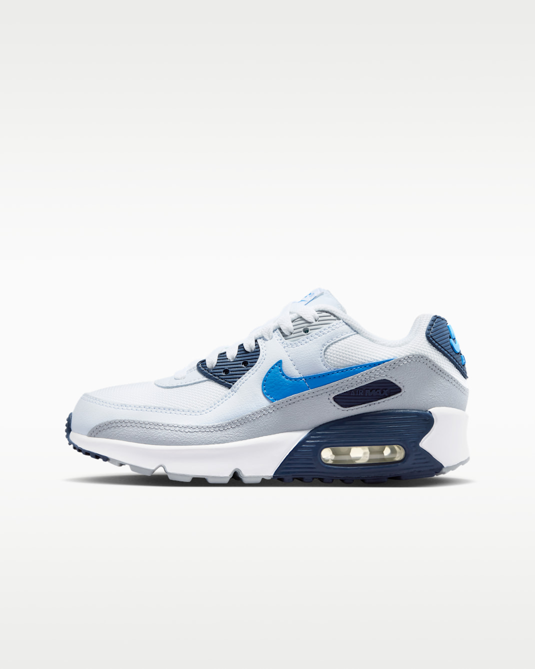 Sapatilhas Nike Air Max 90 Júnior - Branco/Midnight Navy/Cinzento Football/Azul Crystal