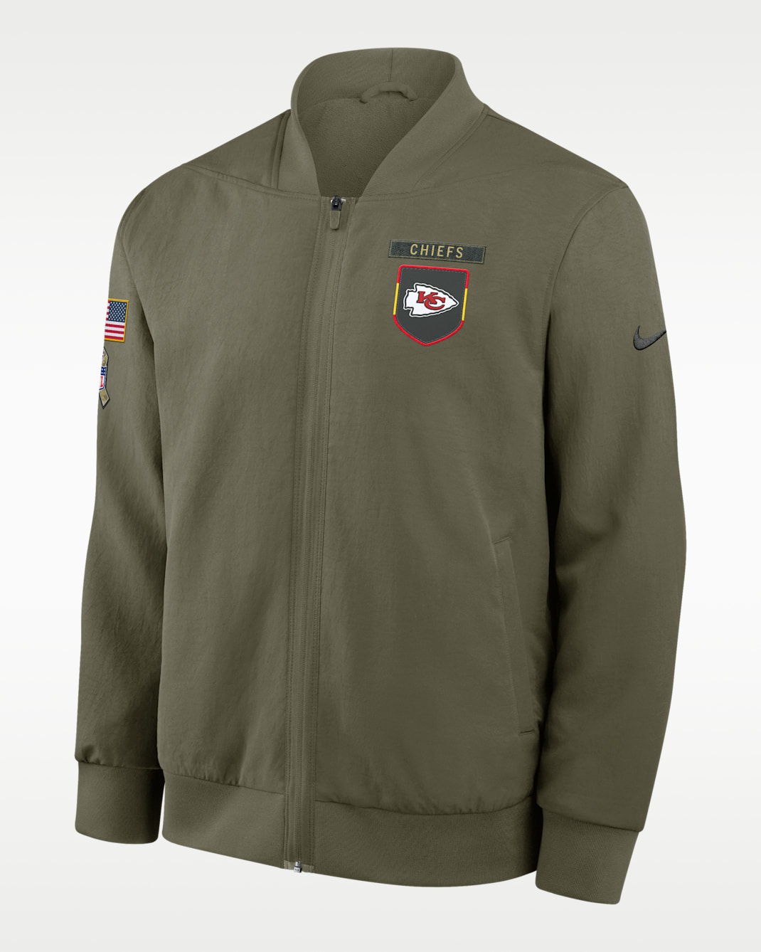 Chamarra bomber Nike de la NFL de cierre completo para hombre Kansas City Chiefs Salute to Service Sideline - Oliva