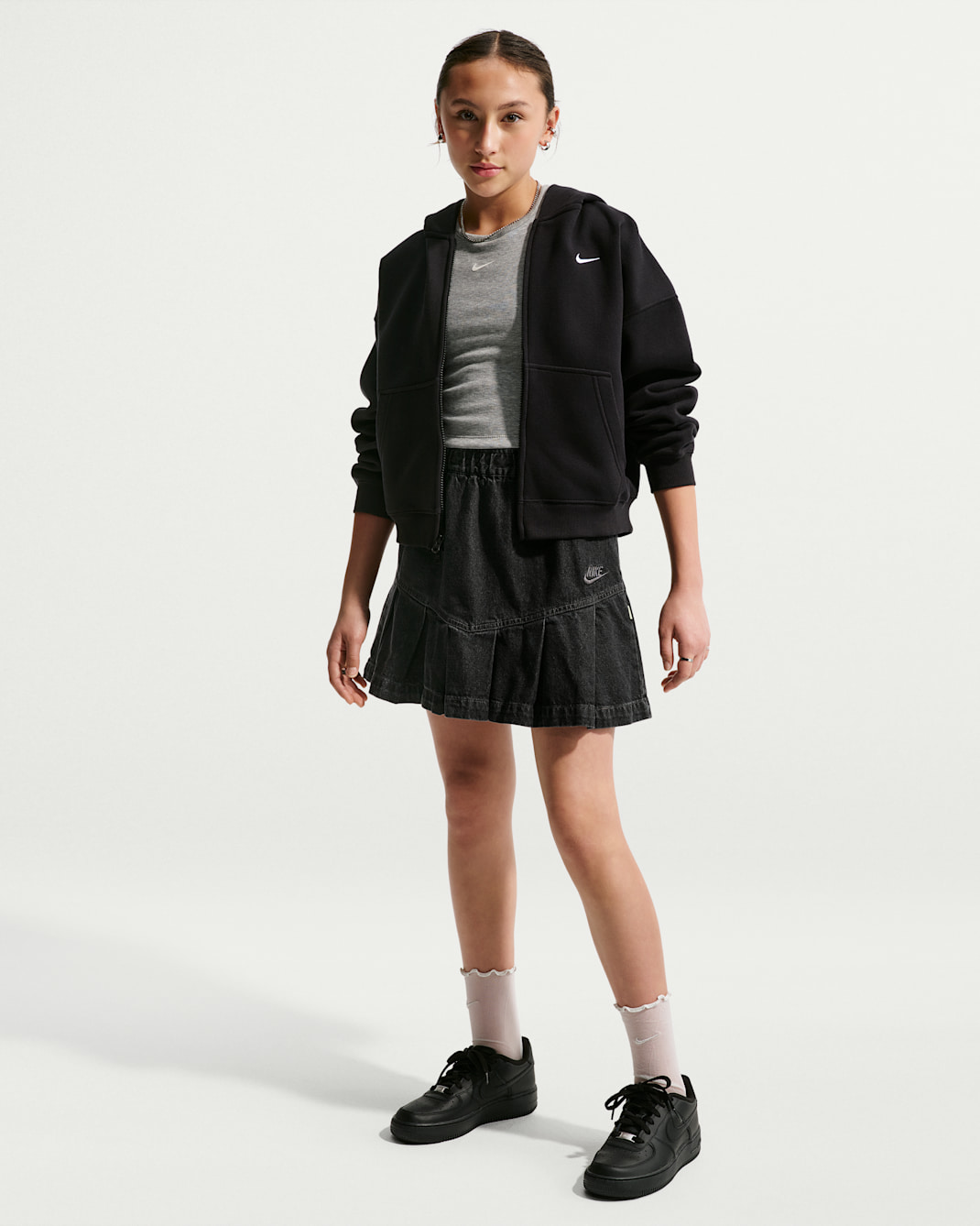Nike Sportswear Big Kids' (Girls') Denim Pleated Skirt - Black/Anthracite/Volt/Anthracite