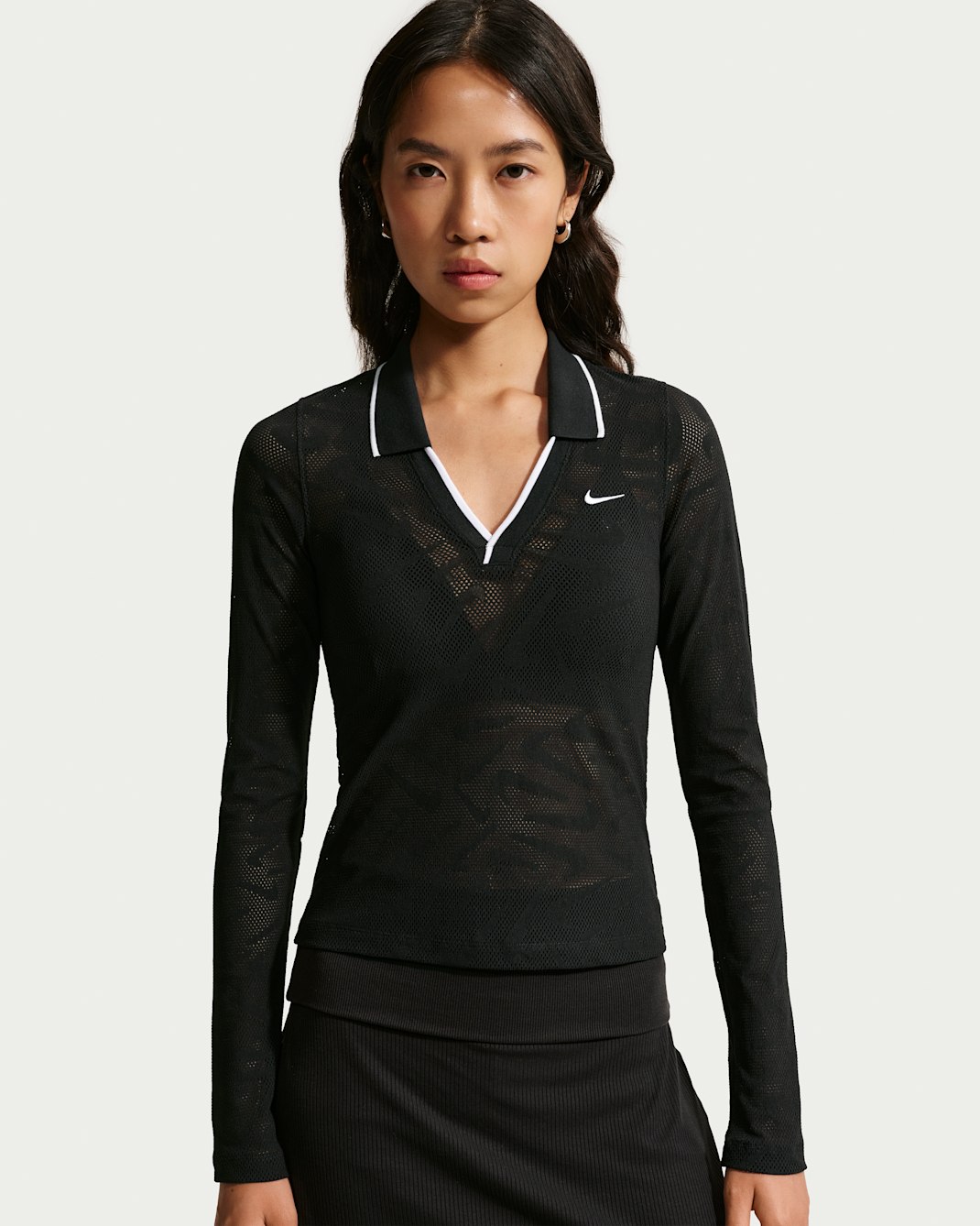 Nike Sportswear Chill Knit Women's Tight Mod-Cropped Long-Sleeve Lace Top - Black/Black/White/White