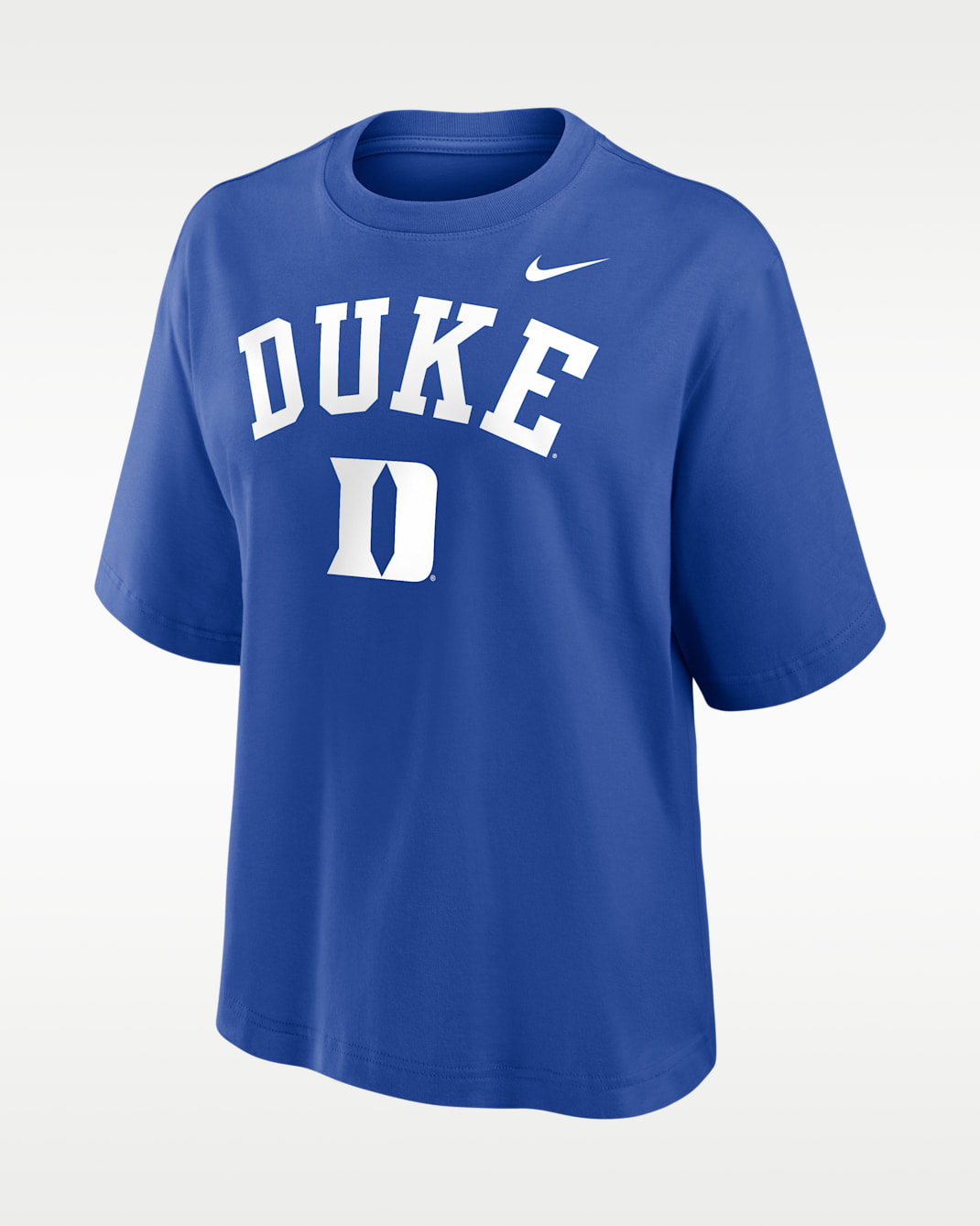 Playera universitaria Nike para mujer Duke Arch Over Logo Boxy - Royal