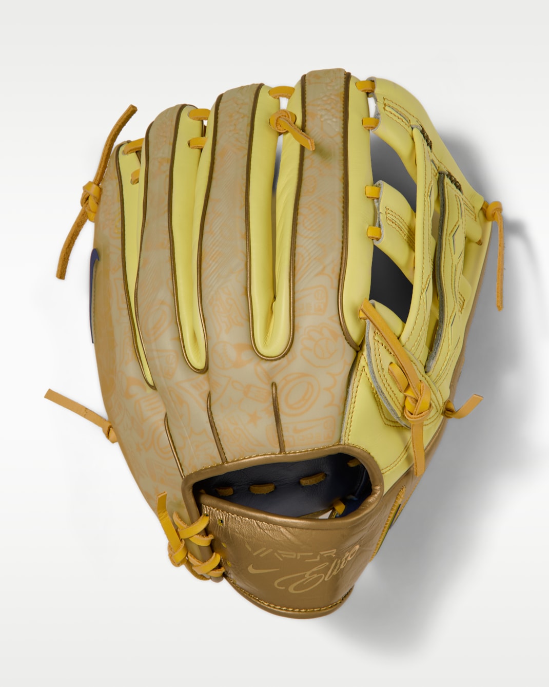Nike Vapor Elite “Ronald Acuña Jr.” Guante de campo de béisbol de red H (lanzamiento con la mano derecha) - Naranja láser/Oro medio oeste/Royal intenso
