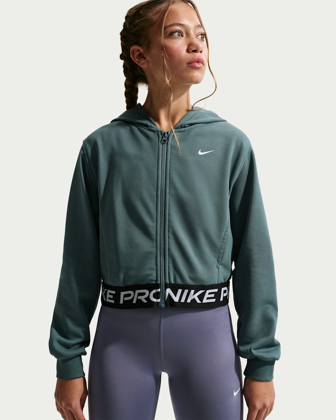 Nike Pro Fleece Big Kids' (Girls') Dri-FIT Full-Zip Hoodie - Mineral Slate/Mineral Slate/Black/White