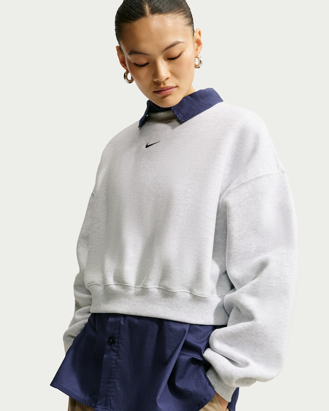 Nike Studio Fleece Medium Weight Women's Oversized Cropped Crew - Birch Heather/Black