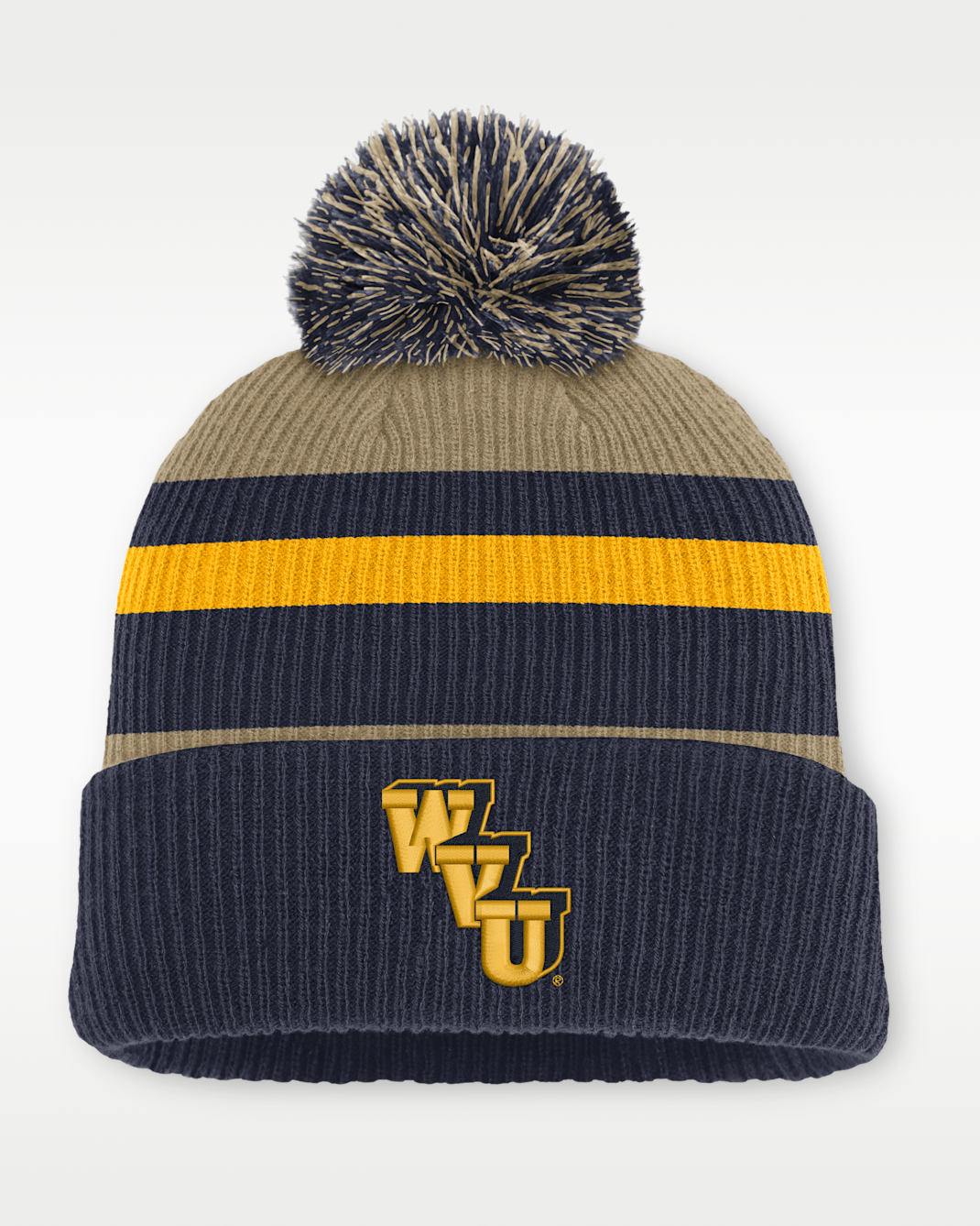 West Virginia Legacy Striped Men's Nike College Cuffed Pom Beanie - Classic Beige/Navy