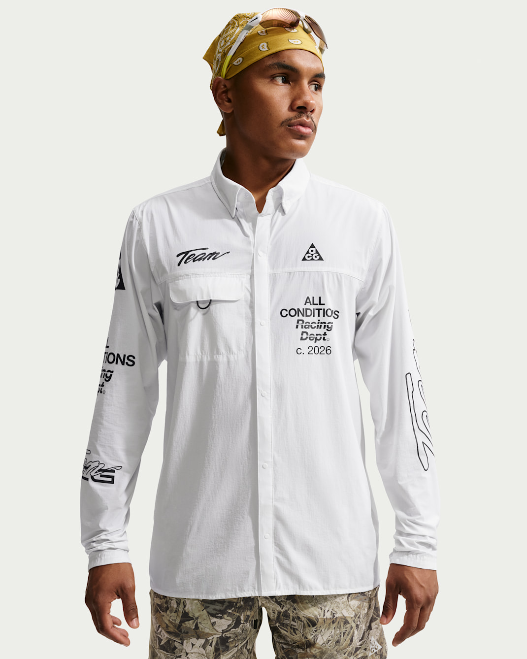 ACG "Aireez" Men's UV-Reisitant Button-Up Long-Sleeve Graphic Top - Summit White/Black