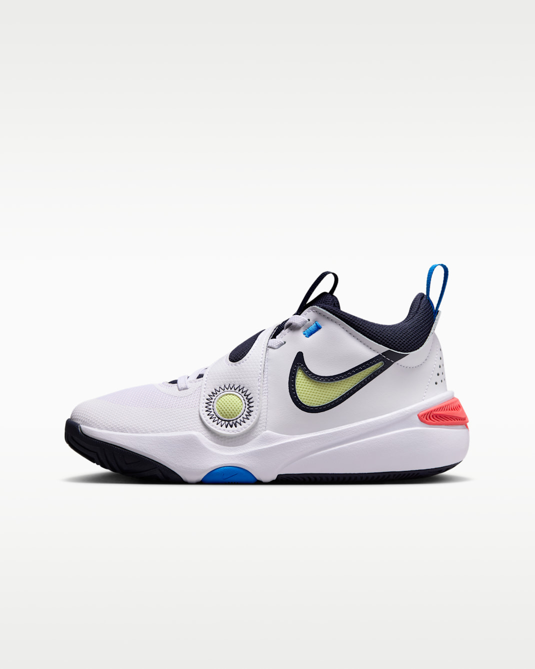 Tenis de básquetbol para niños grandes Nike Team Hustle D 11 - Blanco/Carmesí brillante/Azul foto/Toque de limón claro