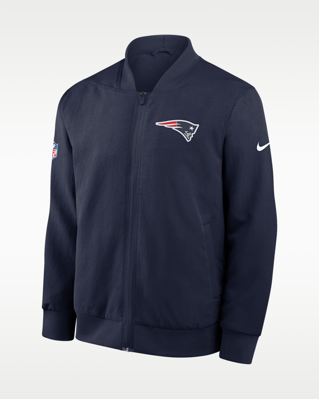 Chamarra bomber Nike de la NFL de cierre completo para hombre New England Patriots Sideline - Azul marino