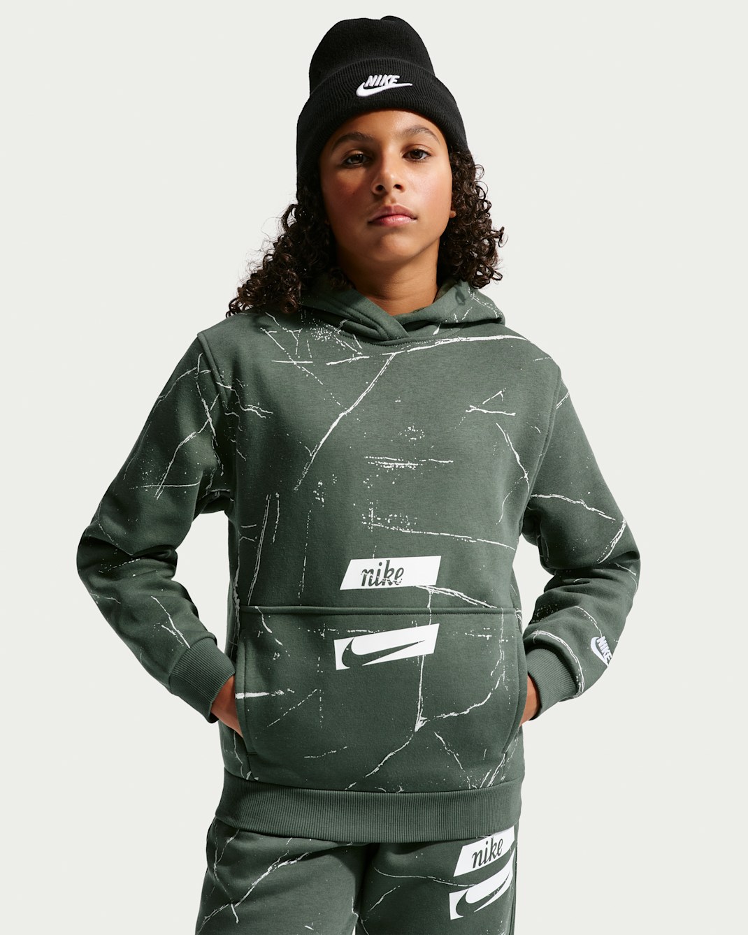Nike Sportswear Club Big Kids' Pullover Hoodie - Camo Green/White