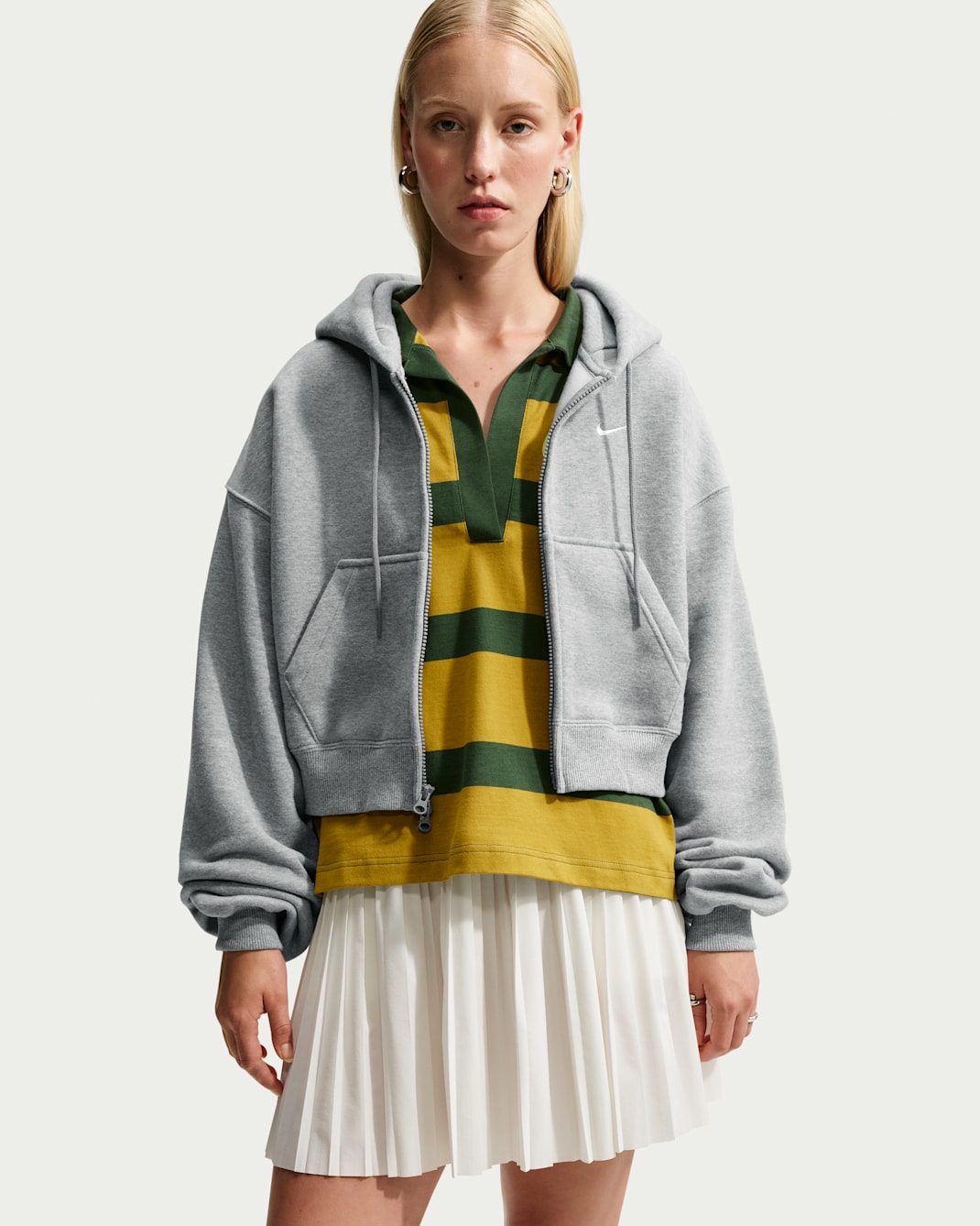 Nike Studio Fleece Medium Weight Women's Oversized Full-Zip Cropped Hoodie - Dark Grey Heather/Sail