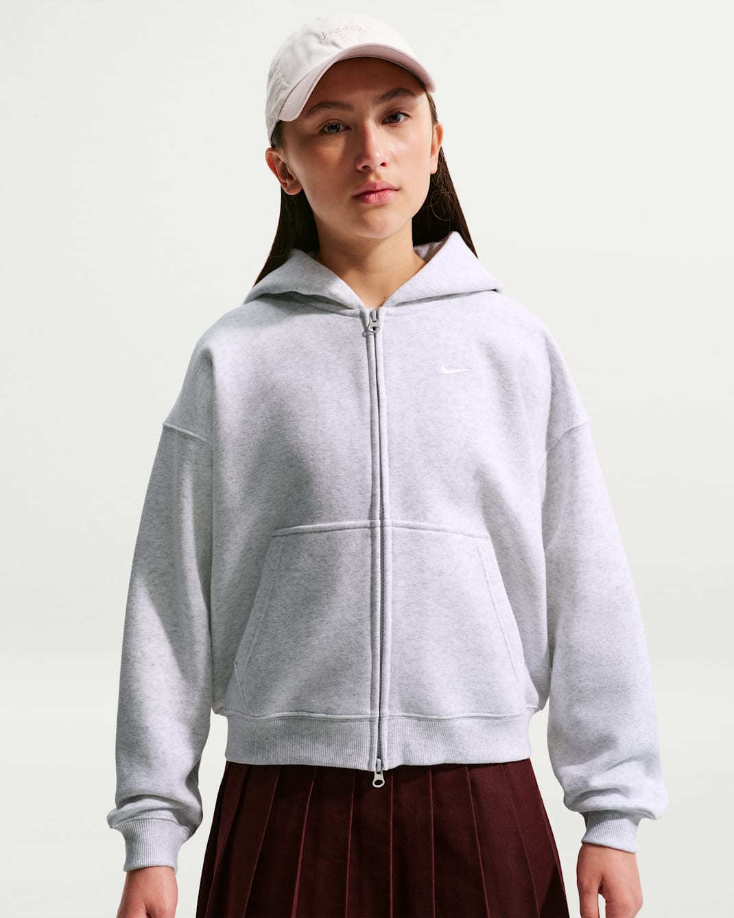 Oversized Nike Sportswear Studio Fleece-hættetrøje med lynlås i fuld længde til større børn (piger) - Birch Heather/Grey Fog/hvid