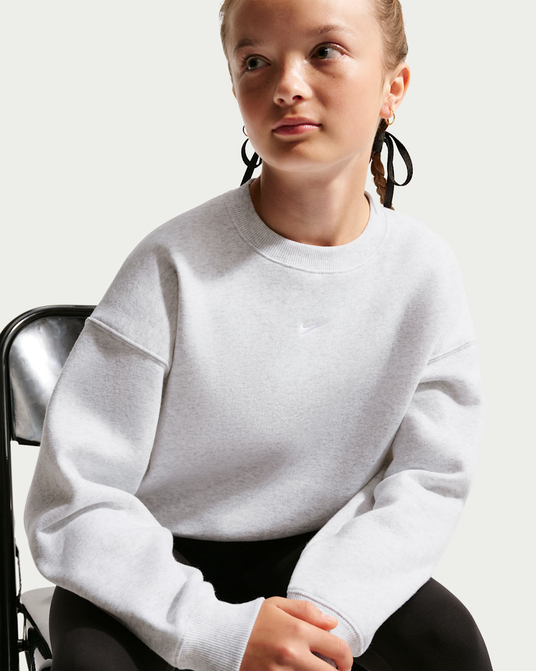 Nike Sportswear Studio Girls' Boxy Fleece Crew Neck - Birch Heather/White