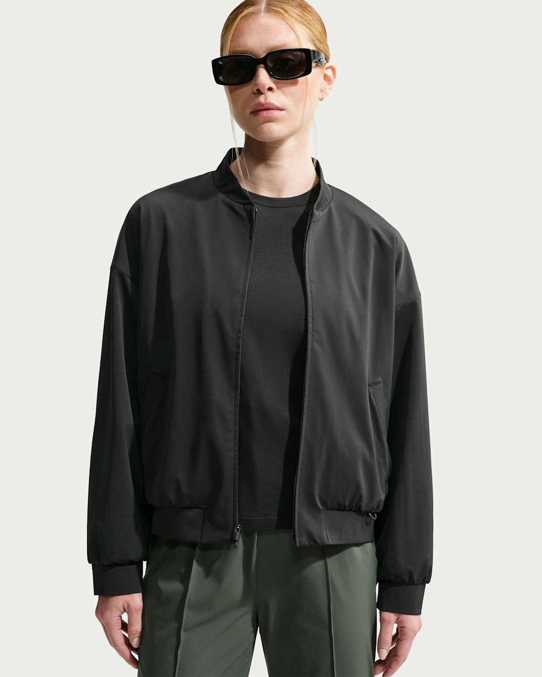 Nike 24.7 PerfectStretch Women's Dri-FIT UV Protection Oversized Bomber Jacket - Black/Dark Smoke Grey