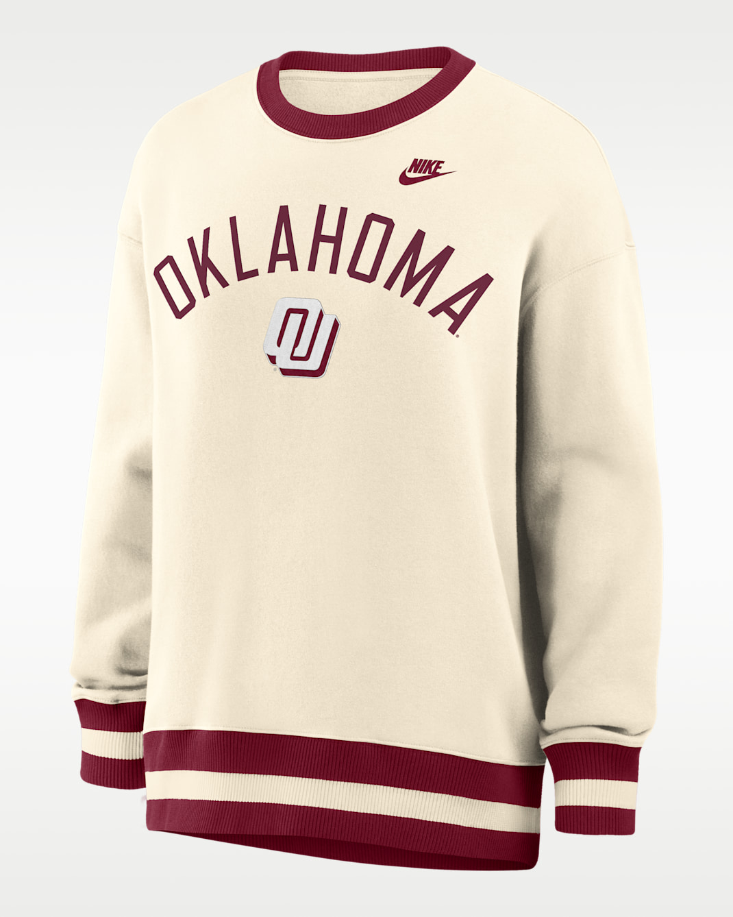 Sudadera de cuello redondo sin cierre universitaria Nike oversized para mujer Oklahoma Legacy - Natural/Carmesí