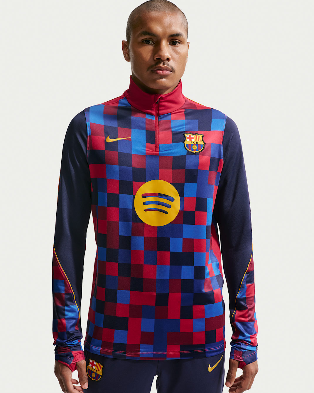 FC Barcelona Strike Home Men's Nike Dri-FIT Soccer Pre-Match Knit Drill Top - Noble Red/Noble Red/Blackened Blue/Mineral Yellow