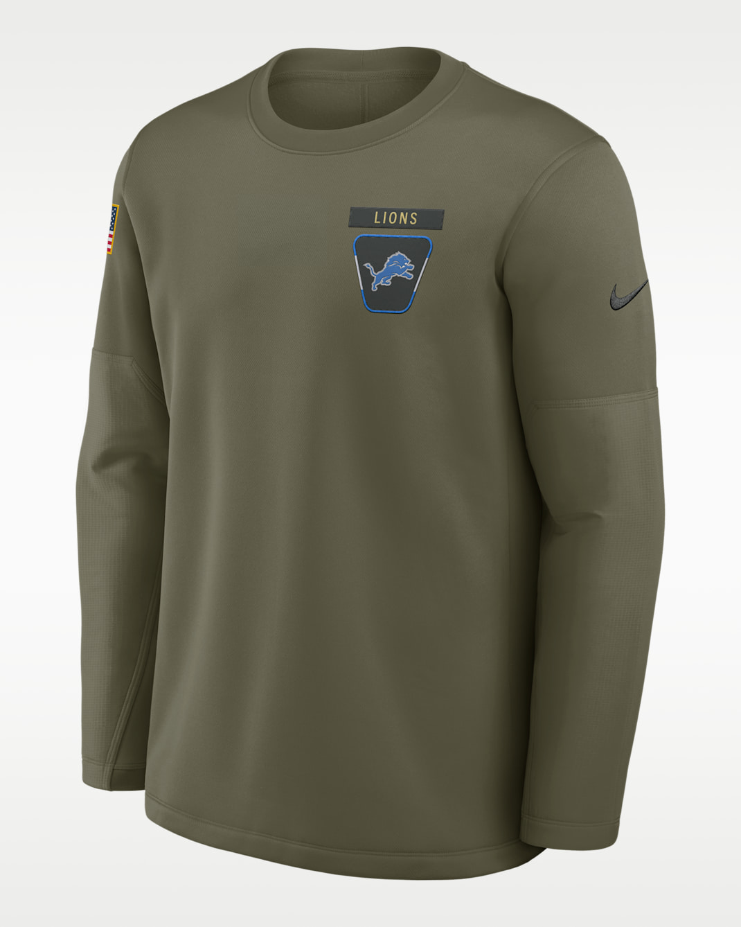 Sudadera de cuello redondo sin cierre Nike de la NFL para hombre Detroit Lions Salute to Service Sideline Triumphant Win Coach - Oliva medio