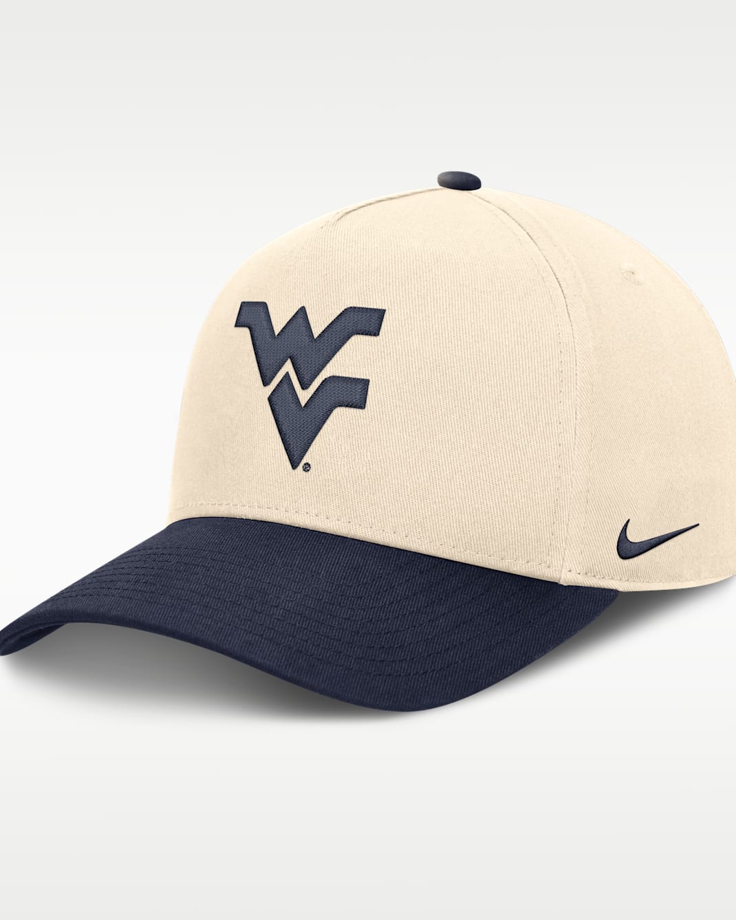 West Virginia Campus Prep Rise Men's Nike College A-Frame Adjustable Hat - Natural/Navy