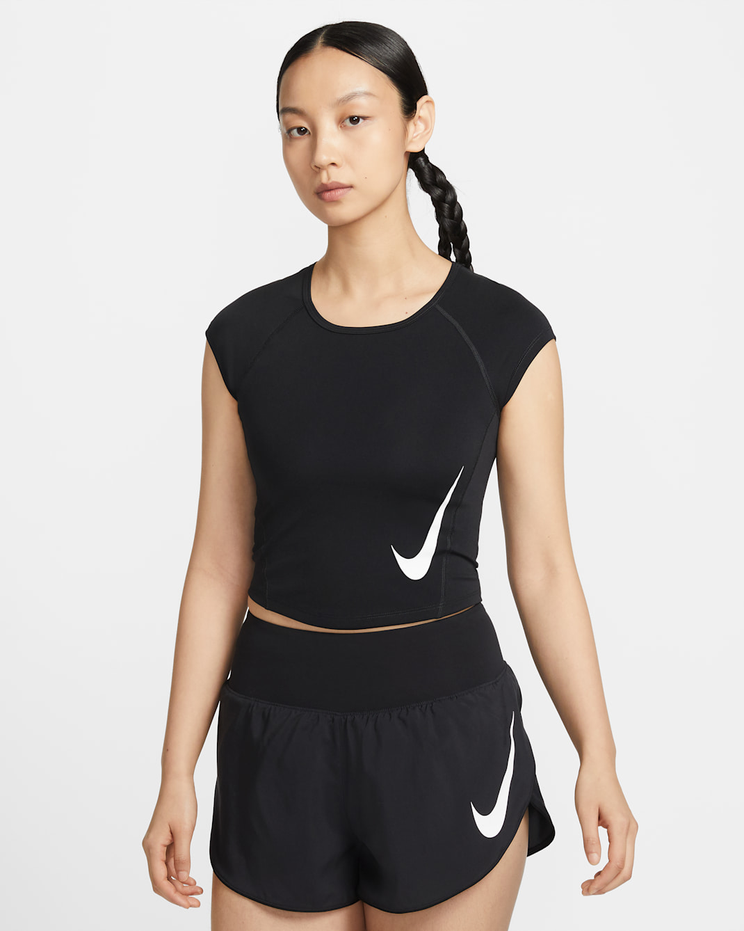 Nike Tempo Swoosh Women's Dri-FIT Short-Sleeve Running Top - Black/White/White