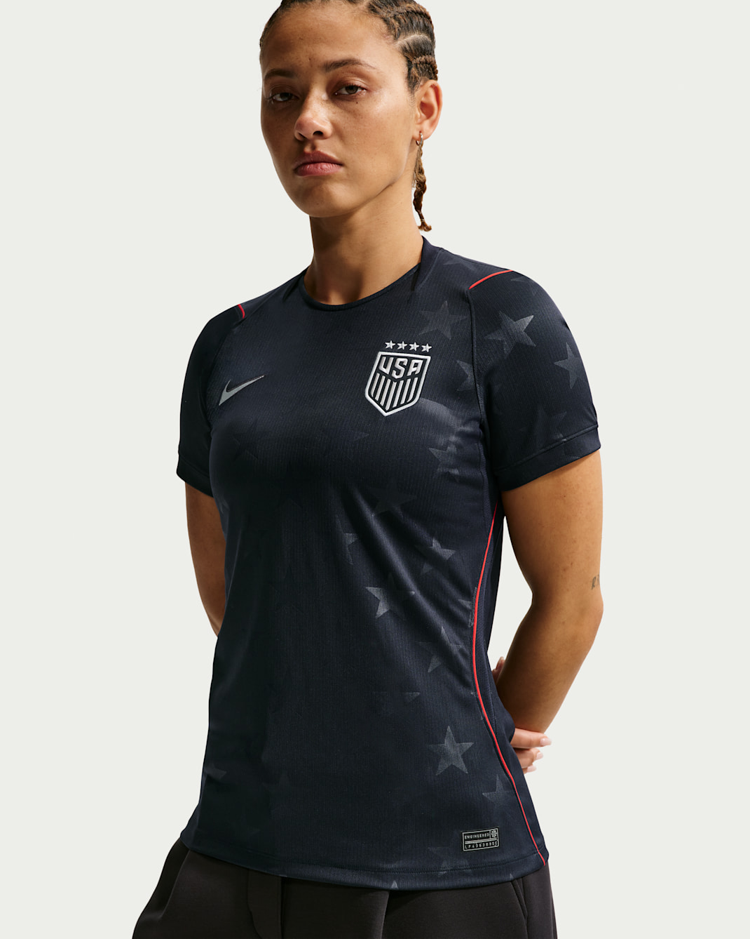Jersey de futbol Nike Dri-FIT Replica del USWNT visitante 2026 Stadium para mujer - Obsidiana oscuro/Obsidiana oscuro/Rojo universitario/Platino puro