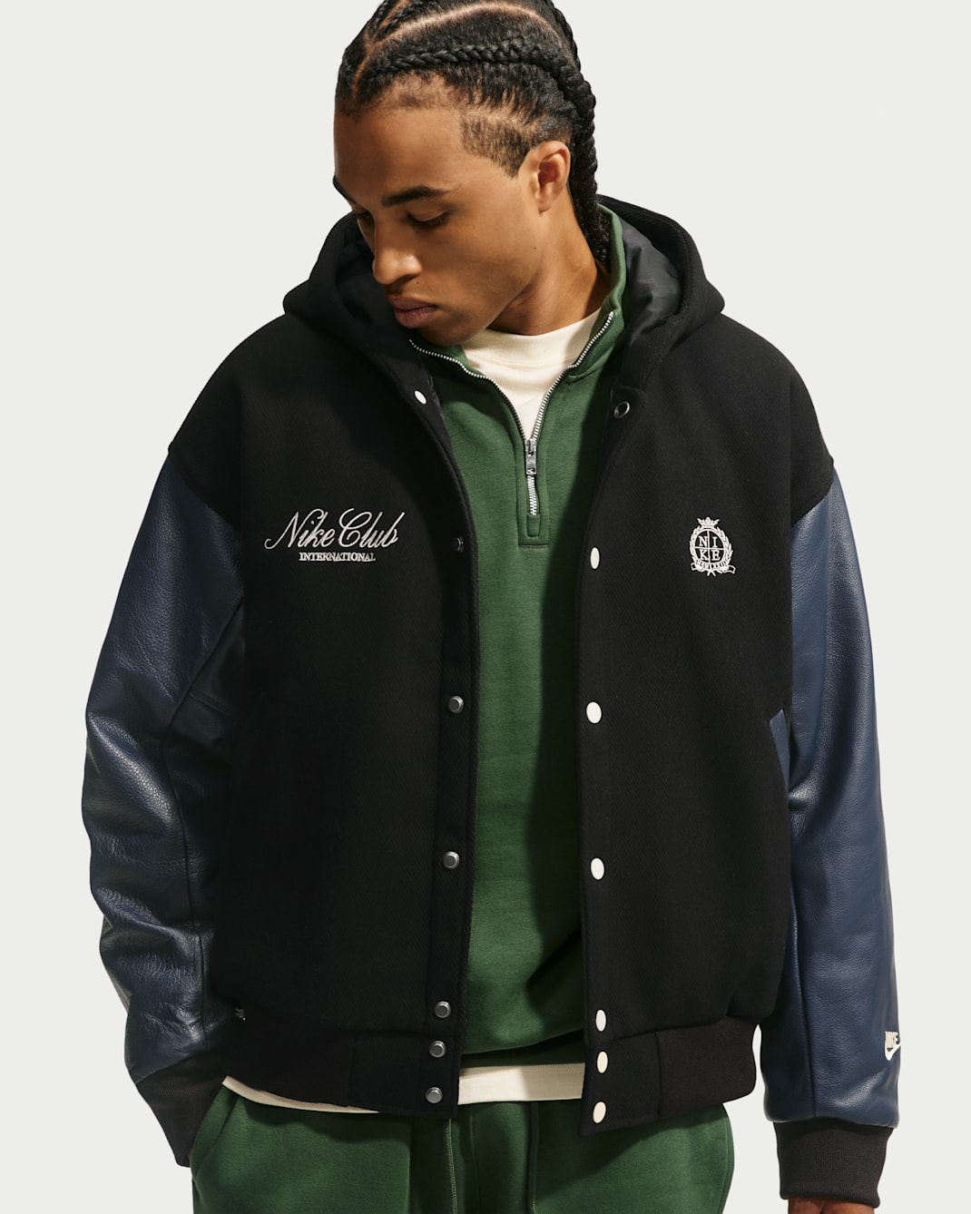 Nike Sportswear Club Men's Wool Varsity Jacket - Black/Obsidian/Sanddrift