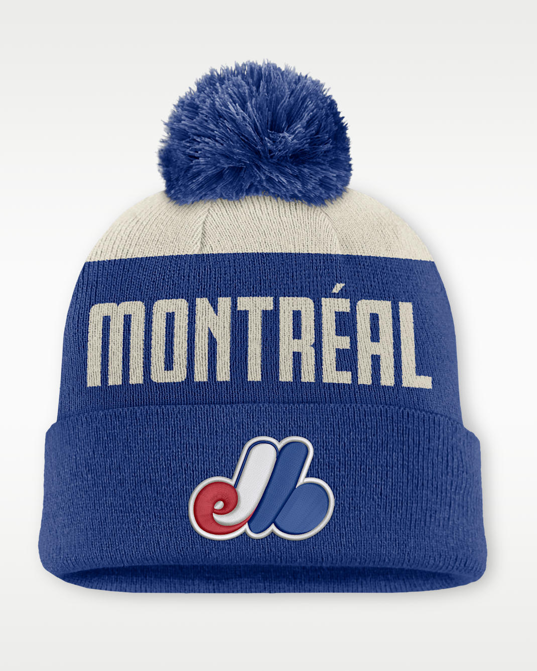 Gorro con dobladillo y pompón Nike de la MLB para hombre Montreal Expos Cooperstown Peak - Blanco/Azul