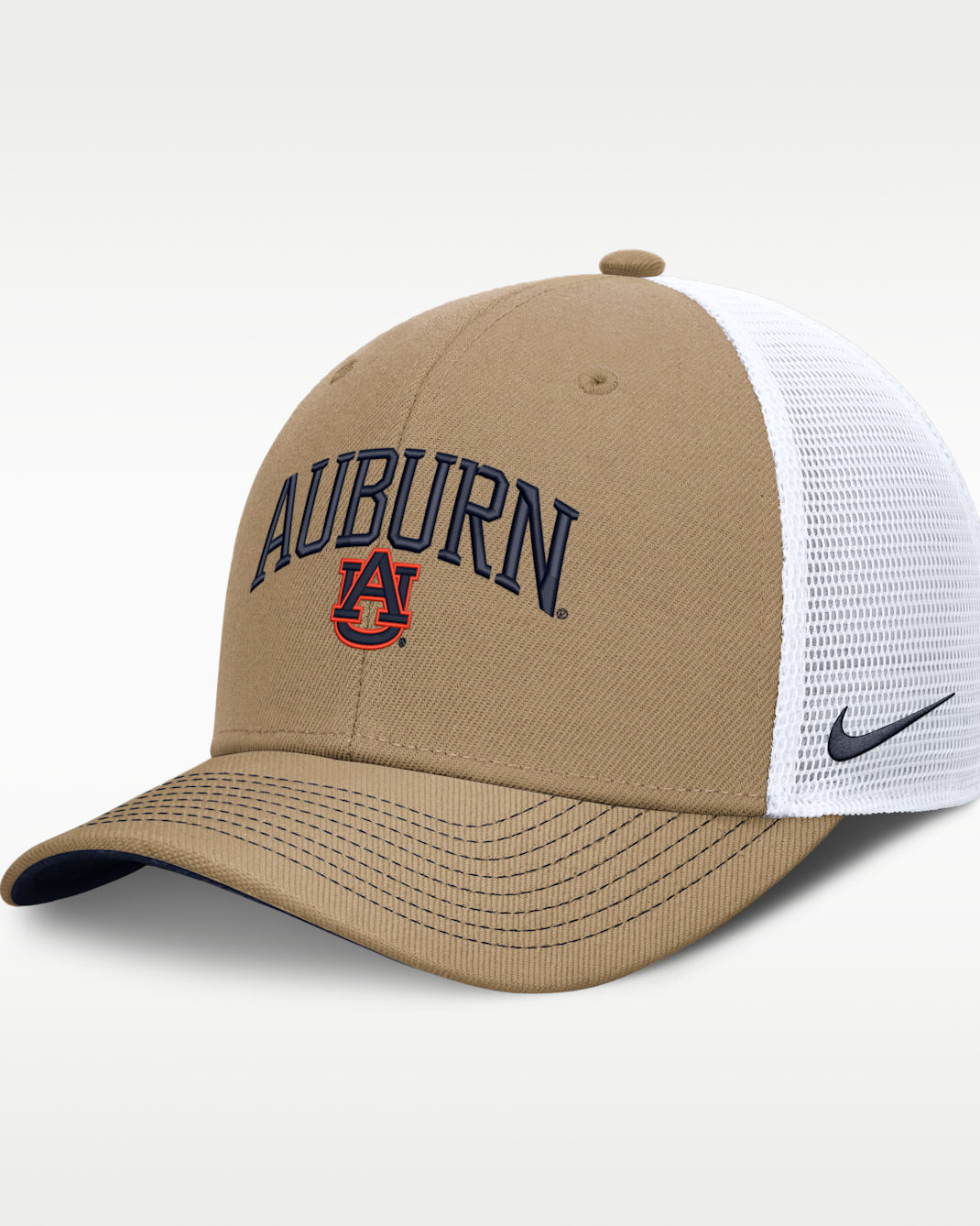 Auburn Primetime Arched Men's Nike Dri-FIT College Trucker Adjustable Hat - Classic Beige/Navy