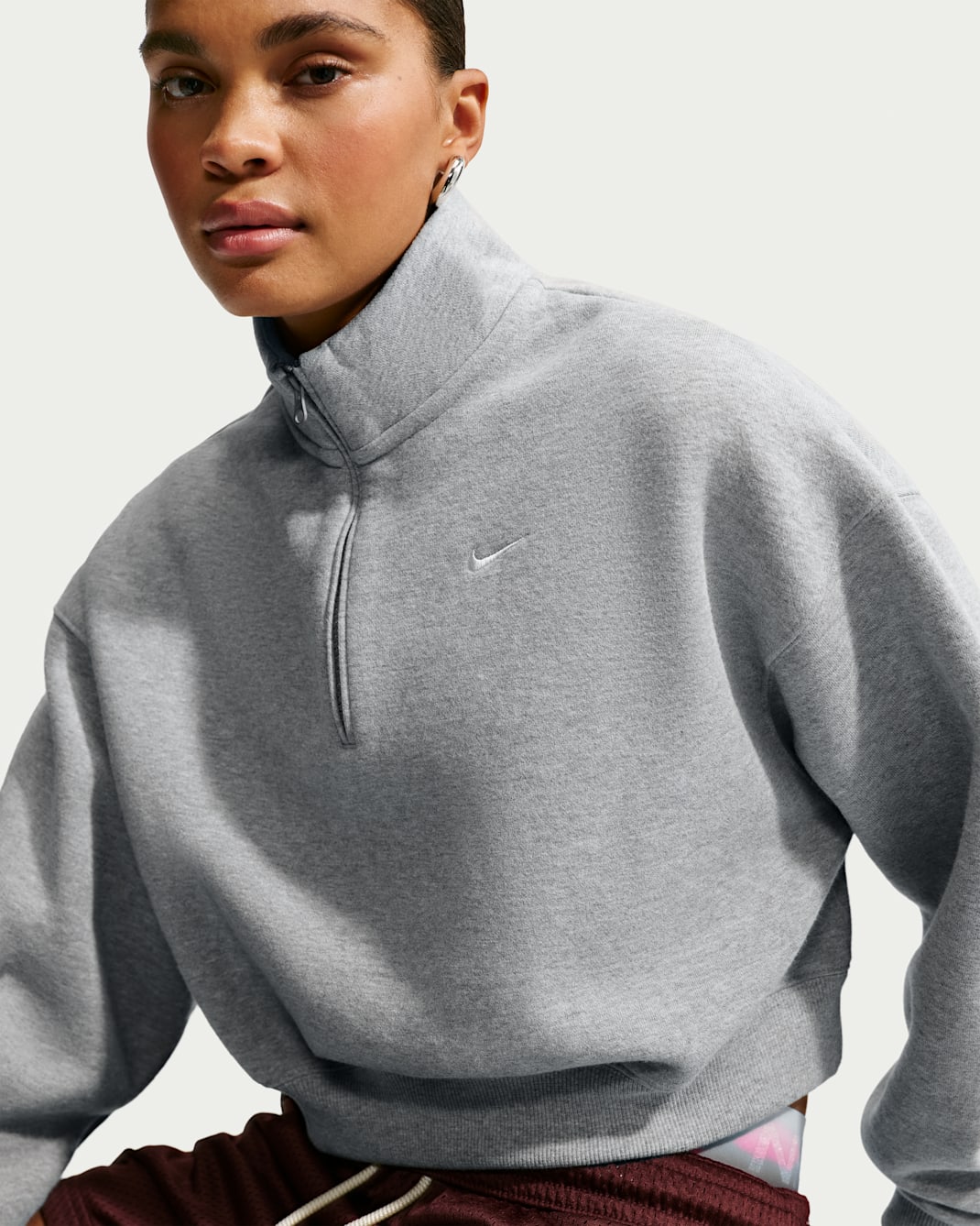 Nike Studio Fleece Medium Weight Women's Oversized 1/4-Zip Cropped Top - Dark Grey Heather/Sail