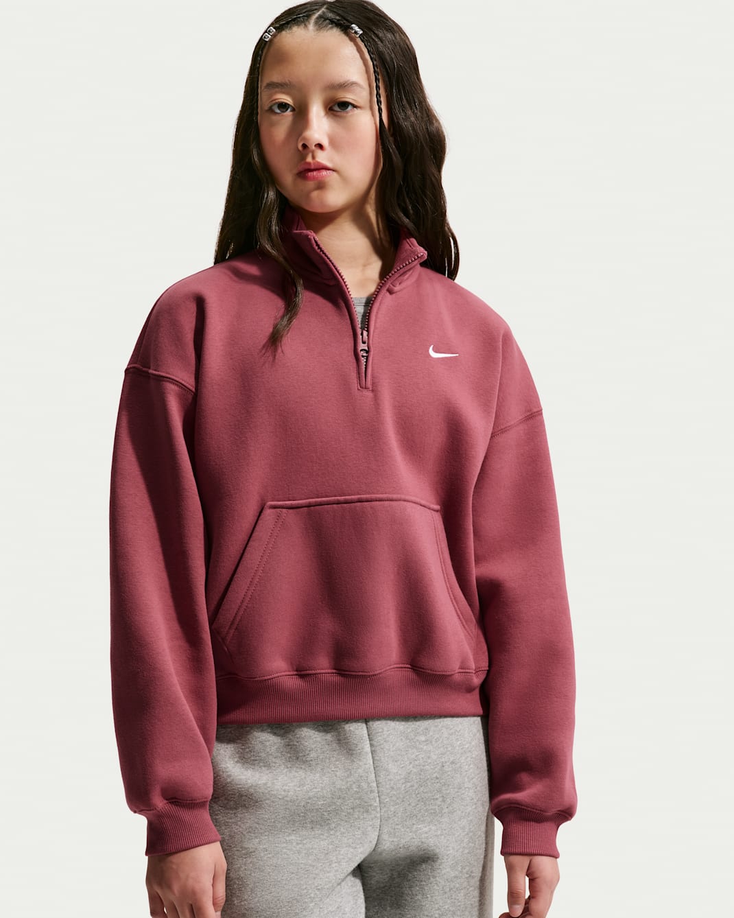 Haut oversize en molleton à 1/4 de zip Nike Sportswear Studio pour ado (fille) - Pink Smoke/Blanc