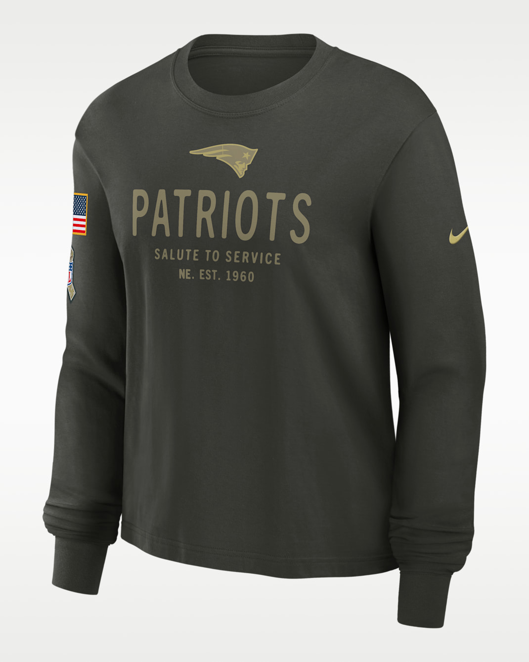 New England Patriots Salute to Service Sideline Women's Nike Dri-FIT NFL Long-Sleeve T-Shirt - Olive