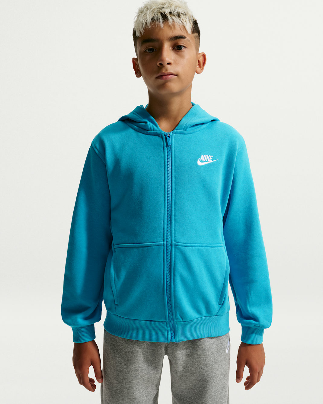 Sudadera con gorro de cierre completo de French Terry para niños talla grande Nike Club Fleece - Azul corriente claro/Blanco